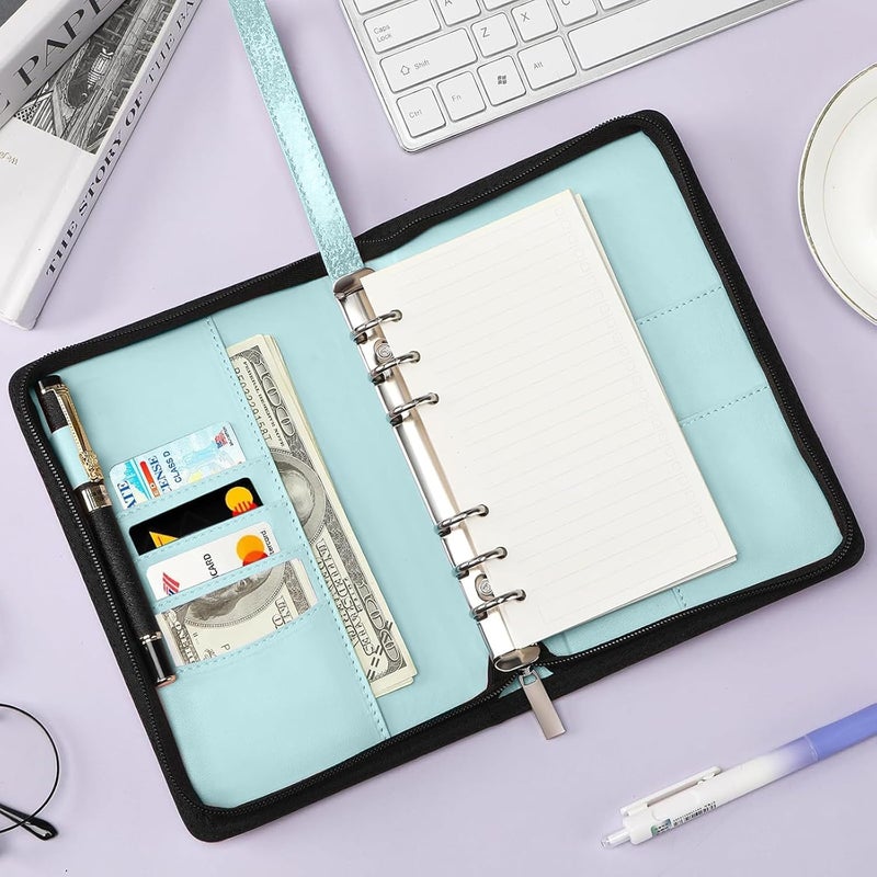 Toplive A6 Budget Binder with Zipper, 6 Ring Refillable Planner Binder Cover for A6 Cash Budget System, PU Leather Personal Organizer Personal Wallet, Glitter Blue - Image 2